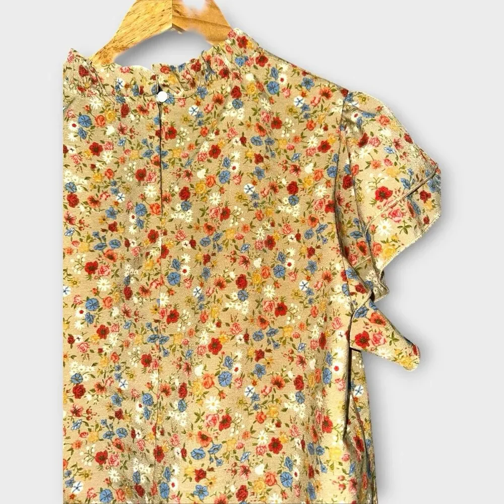 Yellow Ditsy Floral Flutter Sleeve Blouse Top Small Cottagecore Boho Spring